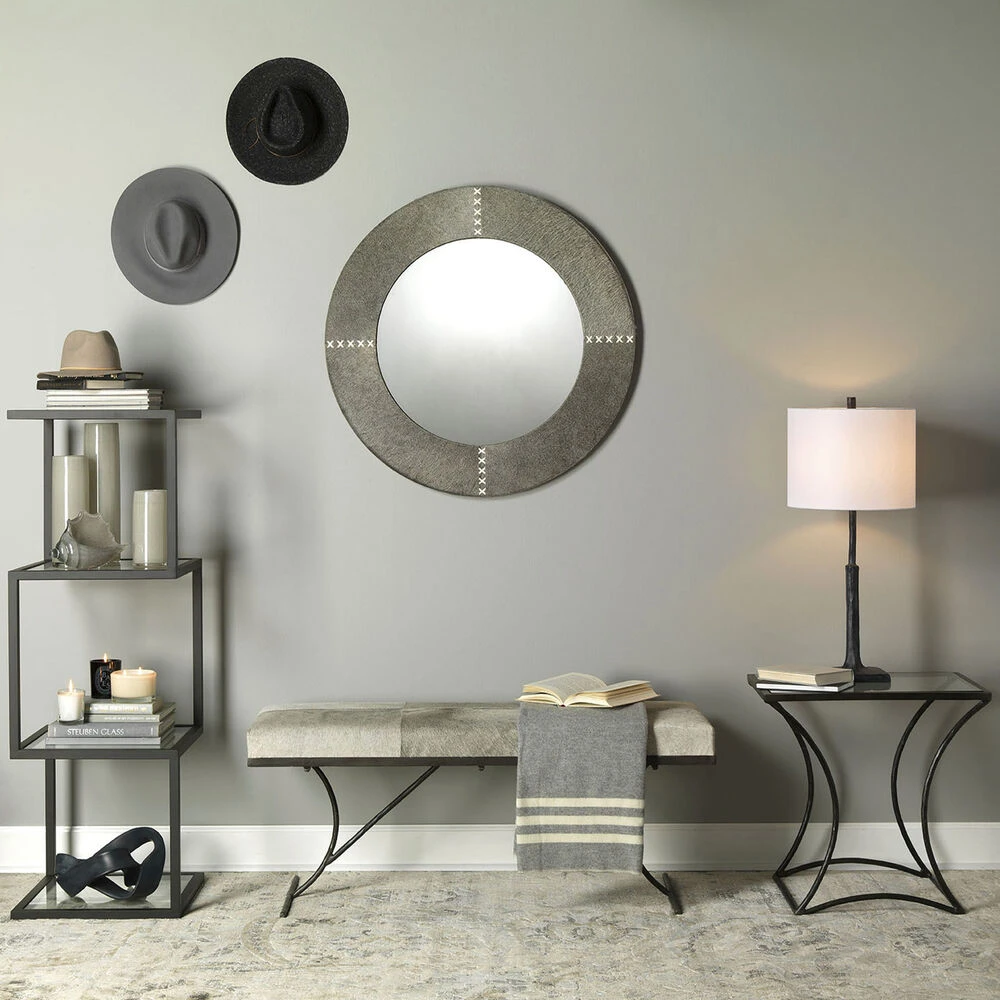 Kai Grey Hide & Black Hand Forged Iron Bench 2 Kai Grey Hide & Black Hand Forged Iron Bench - Image 2