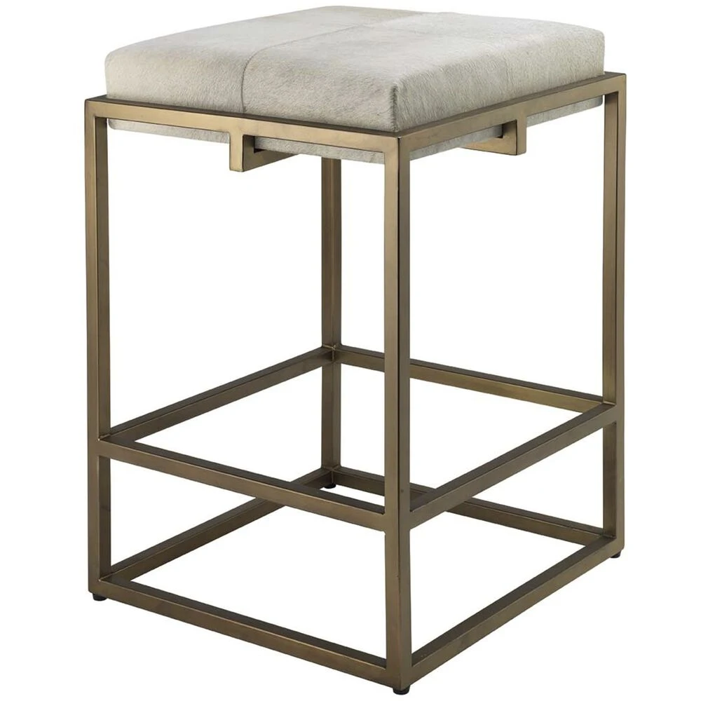 Shelby 27 Inch White Hide & Antique Brass Counter Stool 1 Shelby 27 Inch White Hide & Antique Brass Counter Stool